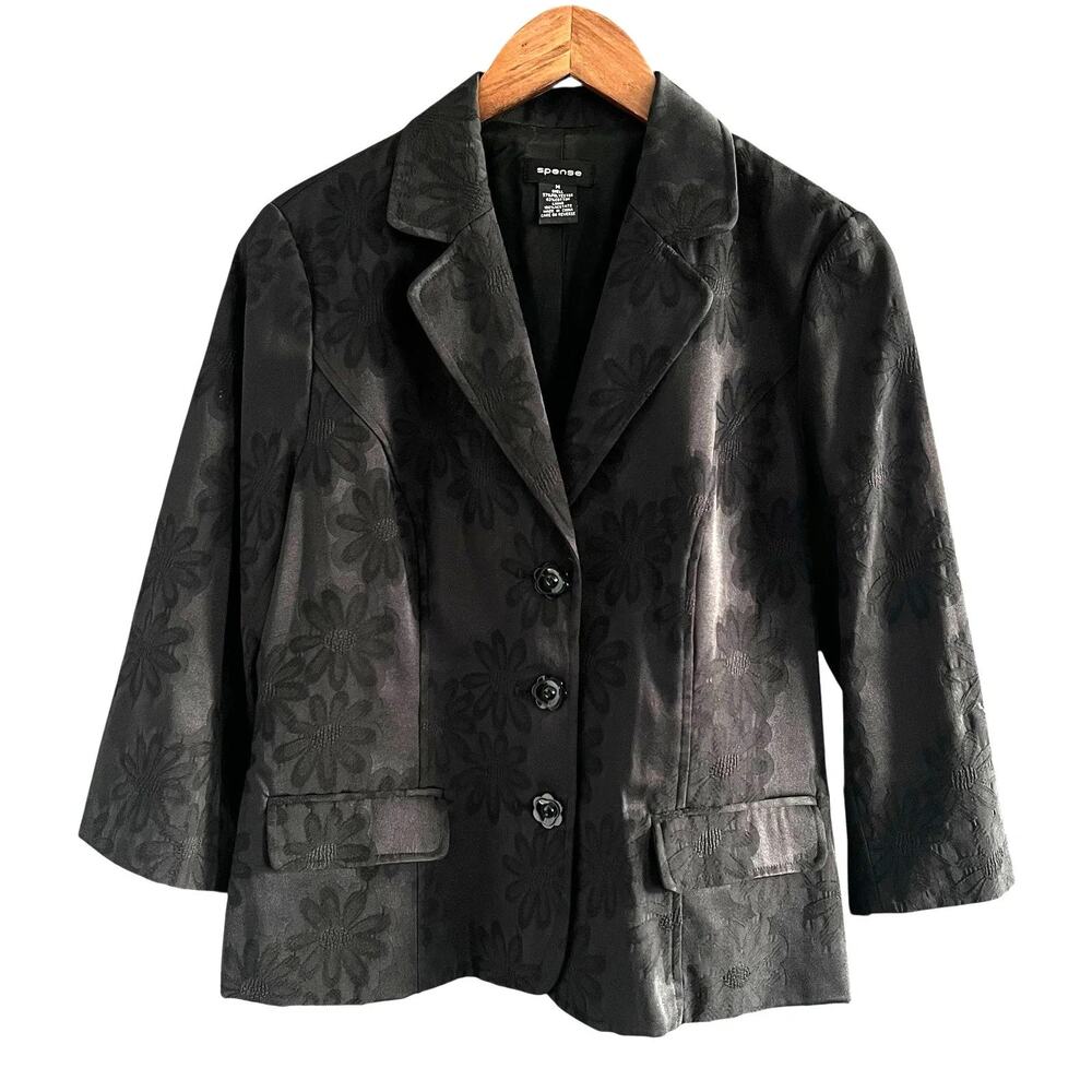 Spense Blazer Womens M Black Floral Jacquard 3/4 Sleeve Three Button Lined